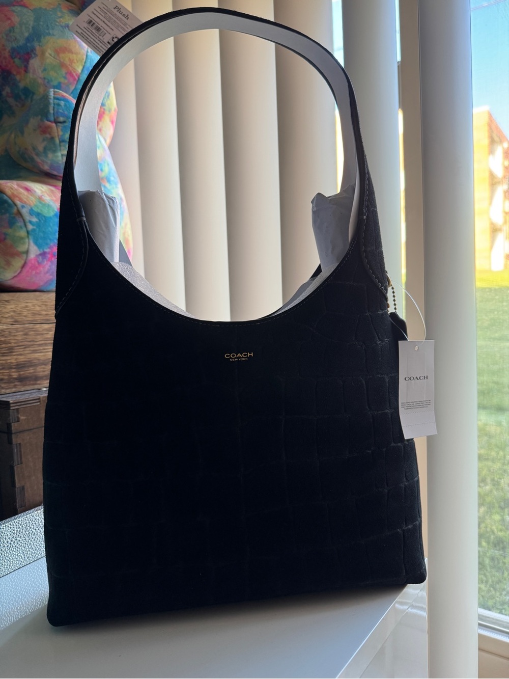 Coach Brooklyn Black Croc-Embossed Suede Shoulder Hobo